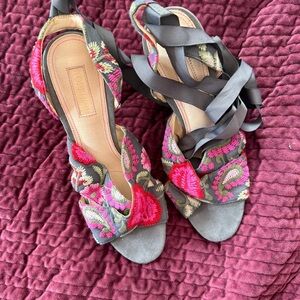 Topshop Gray Lace-Up Heels with Pink & Green Embroidery